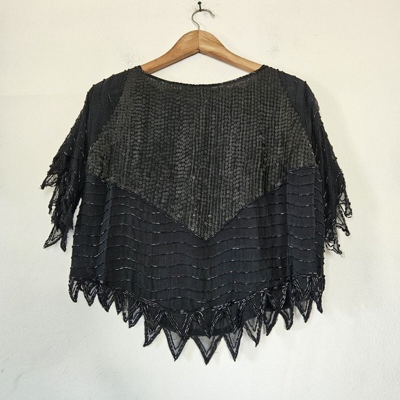 Vtg 80s Chanson D'Amour Beaded Sequin Top Size M Silk Cropped Black Whimsigoth - Picture 6 of 9